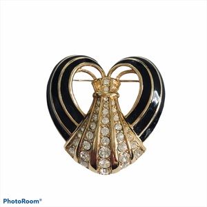 Swarovski Vintage Black & Gold Heart Enamel Pleated Pin CZ Cubic Zirconia Brooch